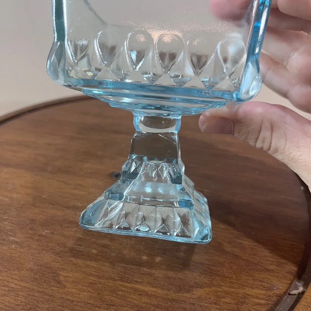 Vtg Jeanette Light Blue Aqua Pressed Glass Pedestal Wedding Cake Box Candy Dish